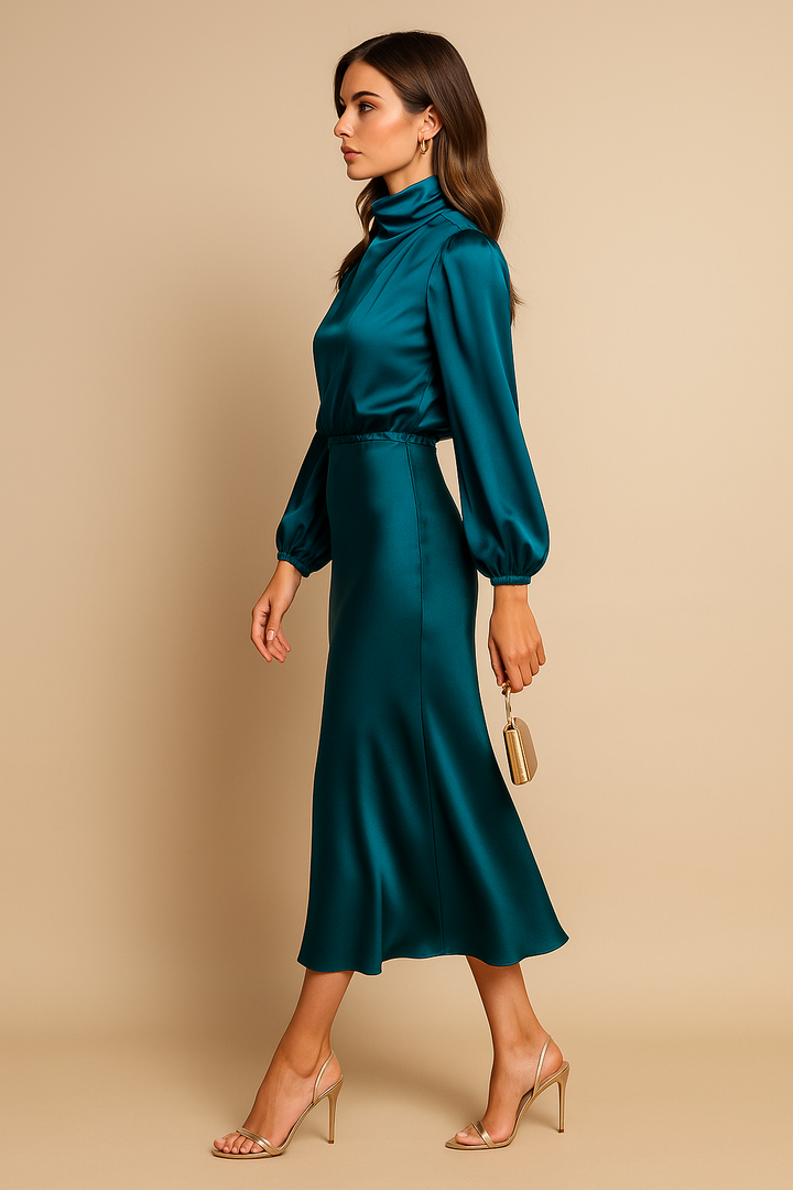 Olivia | Vestido midi elegante con cuello alto para bodas y eventos