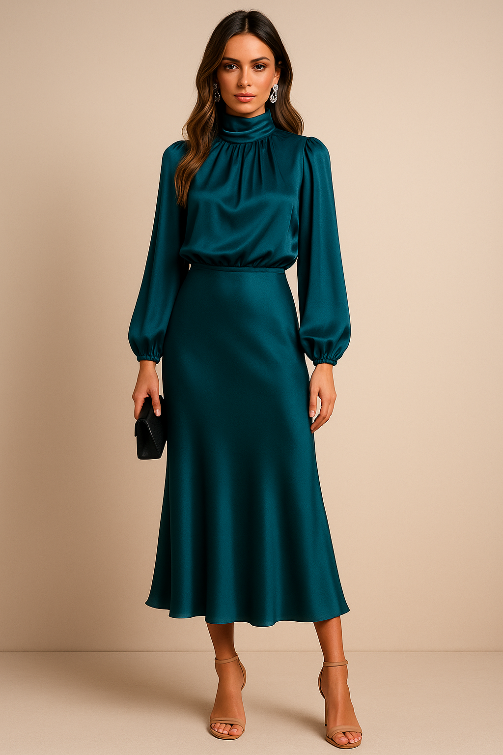 Olivia | Vestido midi elegante con cuello alto para bodas y eventos