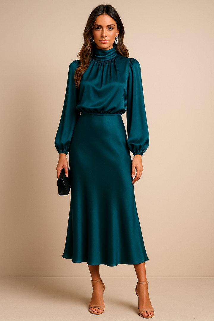 Olivia | Vestido midi elegante con cuello alto para bodas y eventos
