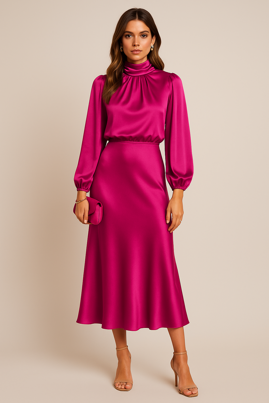 Olivia | Vestido midi elegante con cuello alto para bodas y eventos