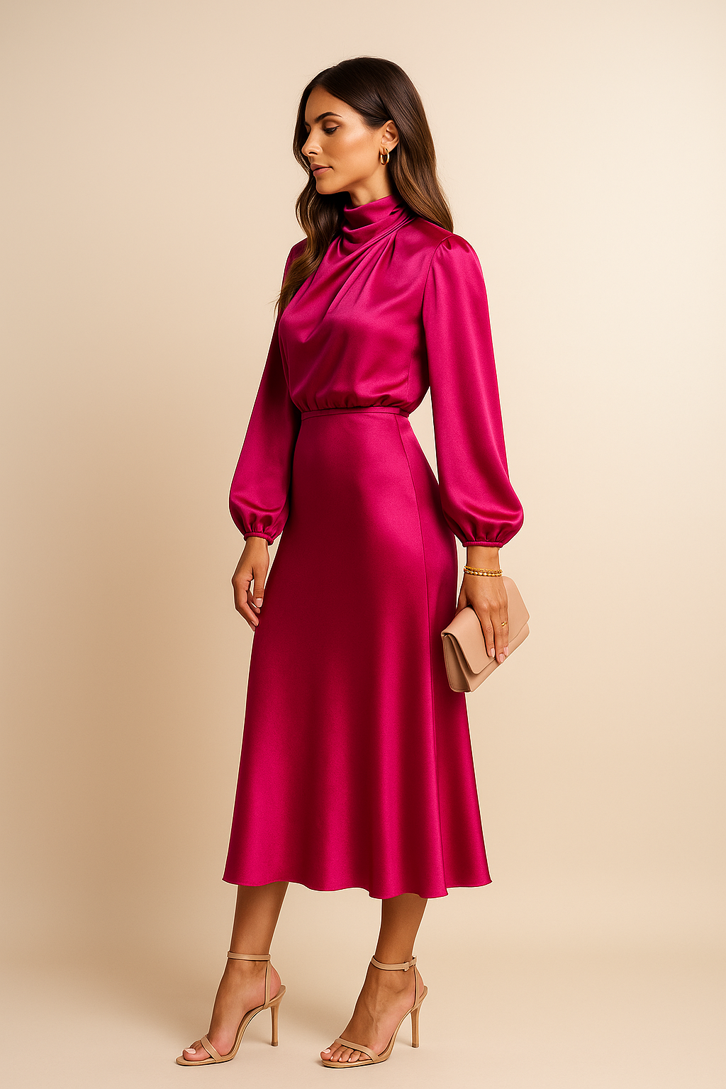 Olivia | Vestido midi elegante con cuello alto para bodas y eventos