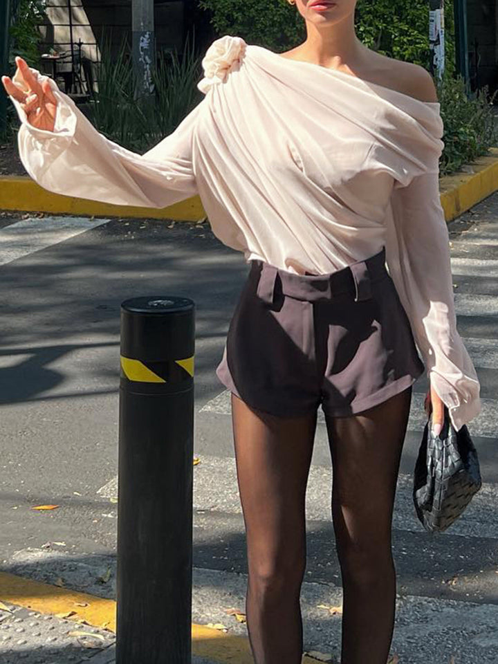 Callie | Blusa de chiffon semitransparente para mujer de un solo hombro con corte asimétrico