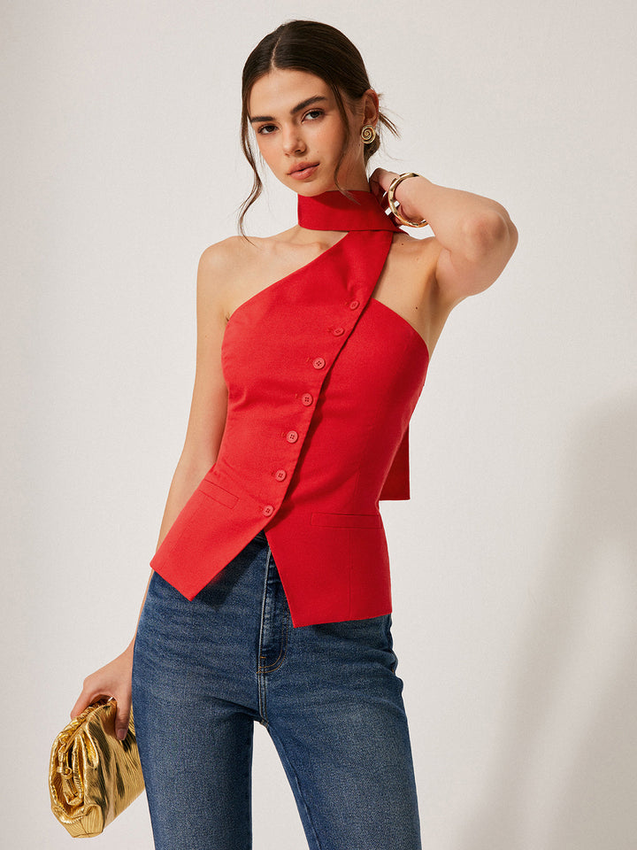 Harmony | Top halter femenino de algodón y lino con bolsillos decorativos