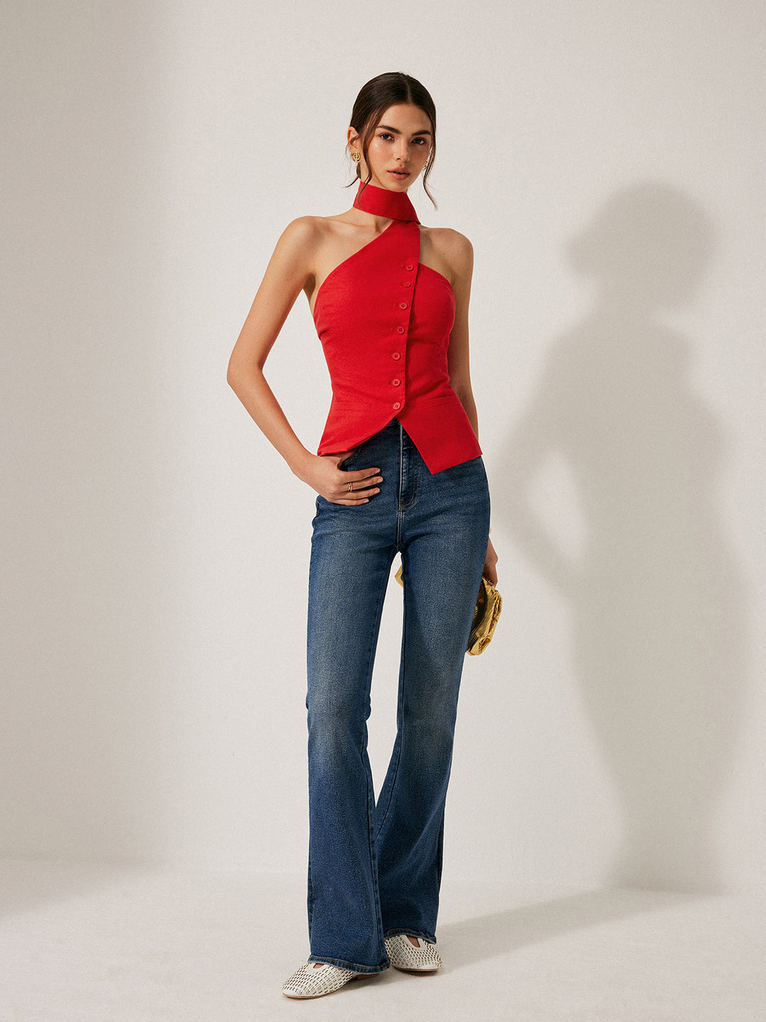 Harmony | Top halter femenino de algodón y lino con bolsillos decorativos