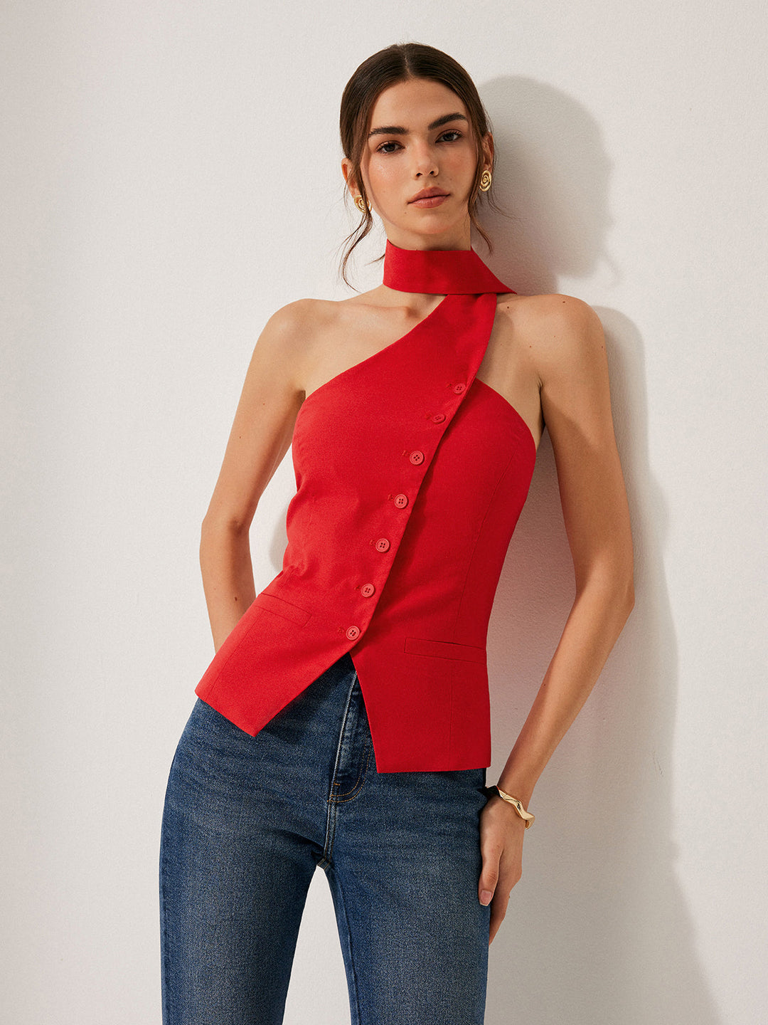 Harmony | Top halter femenino de algodón y lino con bolsillos decorativos