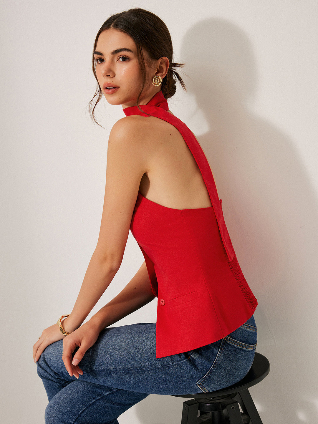 Harmony | Top halter femenino de algodón y lino con bolsillos decorativos