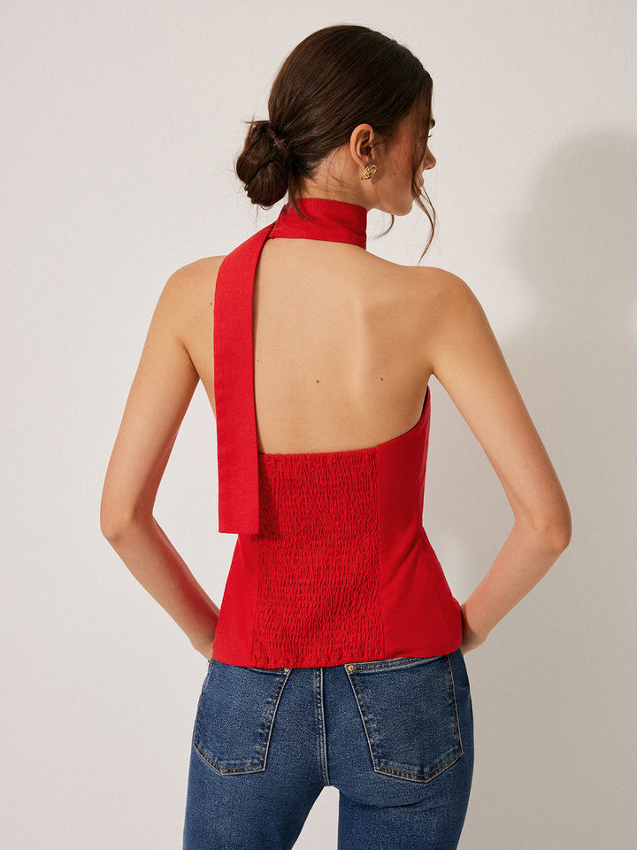 Harmony | Top halter femenino de algodón y lino con bolsillos decorativos