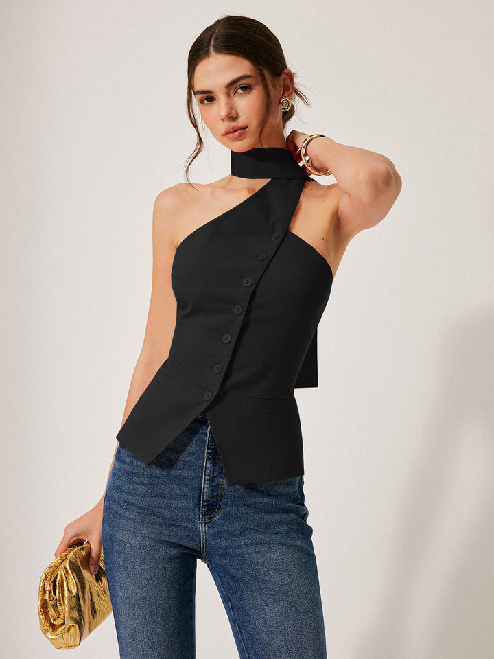 Harmony | Top halter femenino de algodón y lino con bolsillos decorativos