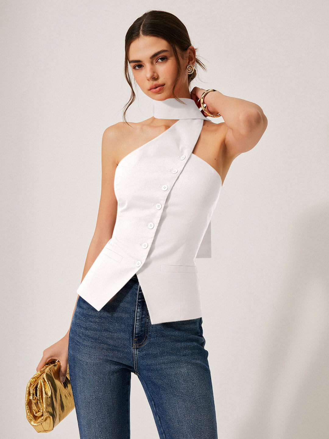 Harmony | Top halter femenino de algodón y lino con bolsillos decorativos