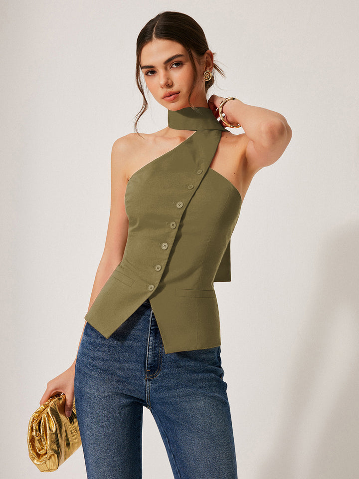 Harmony | Top halter femenino de algodón y lino con bolsillos decorativos
