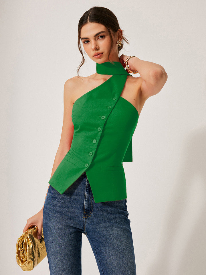Harmony | Top halter femenino de algodón y lino con bolsillos decorativos