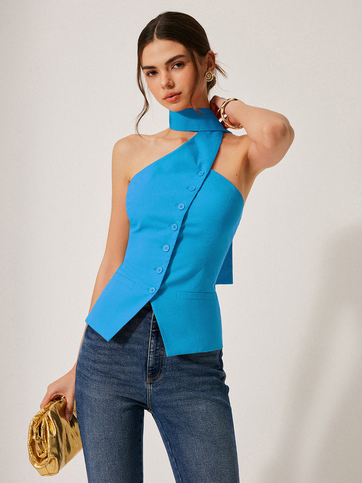 Harmony | Top halter femenino de algodón y lino con bolsillos decorativos