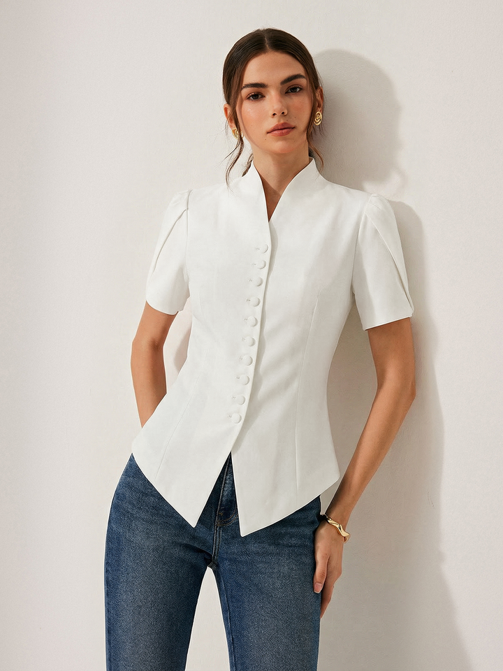 Jana | Blusa ajustada de mujer con manga corta, cuello y cierre de botones