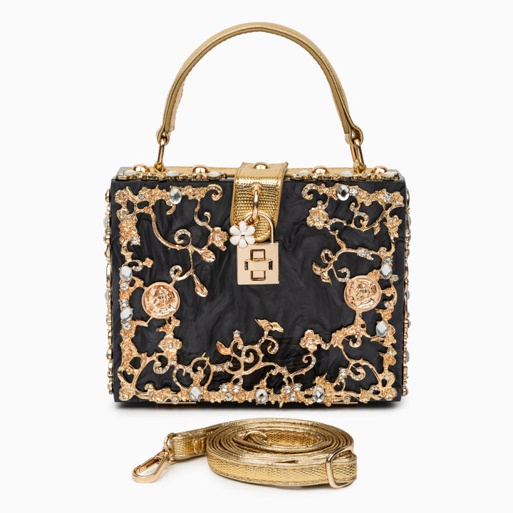 Cathy | Bolsa de caja exclusiva, diseño de lujo, detalles florales dorados, elegante cierre metálico