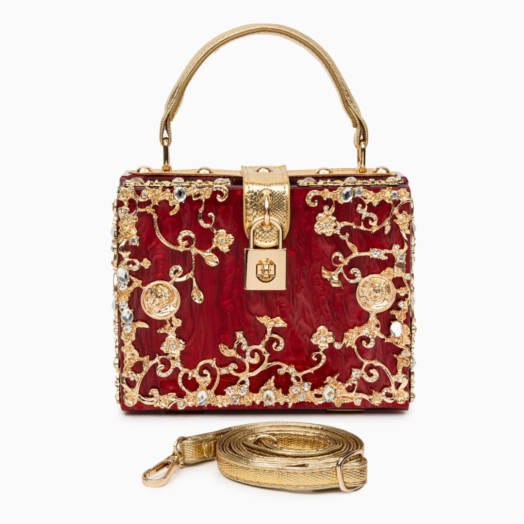 Cathy | Bolsa de caja exclusiva, diseño de lujo, detalles florales dorados, elegante cierre metálico