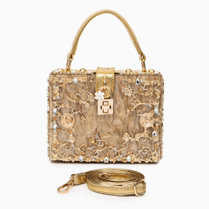 Cathy | Bolsa de caja exclusiva, diseño de lujo, detalles florales dorados, elegante cierre metálico