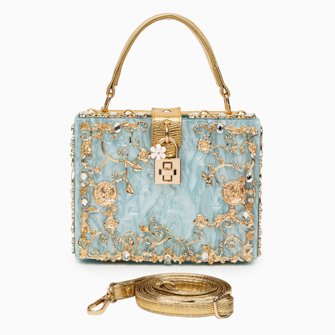 Cathy | Bolsa de caja exclusiva, diseño de lujo, detalles florales dorados, elegante cierre metálico