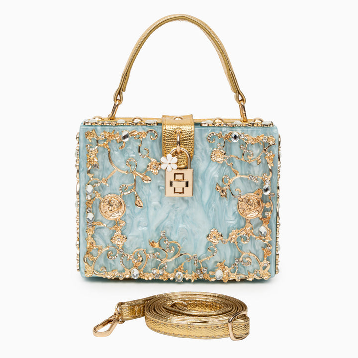 Cathy | Bolsa de caja exclusiva, diseño de lujo, detalles florales dorados, elegante cierre metálico