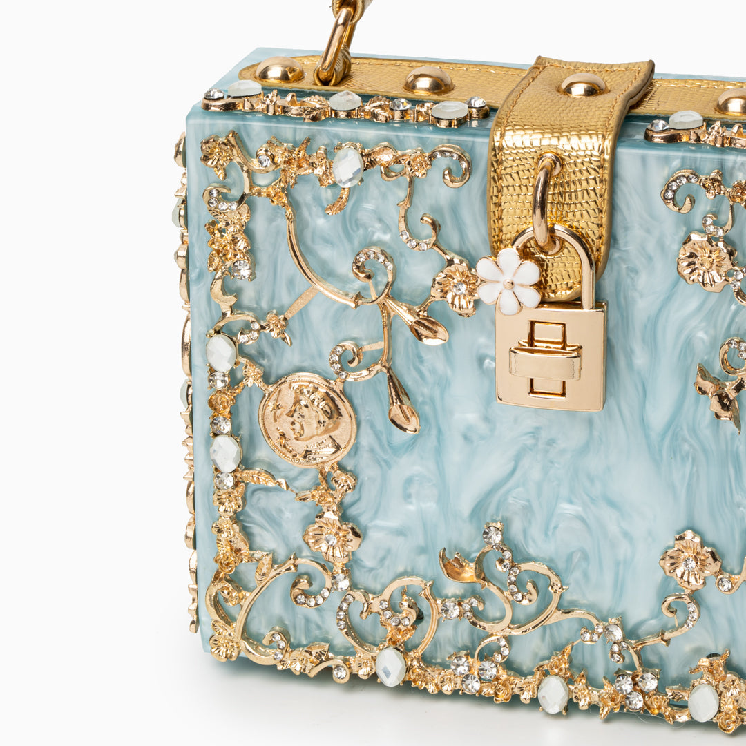 Cathy | Bolsa de caja exclusiva, diseño de lujo, detalles florales dorados, elegante cierre metálico