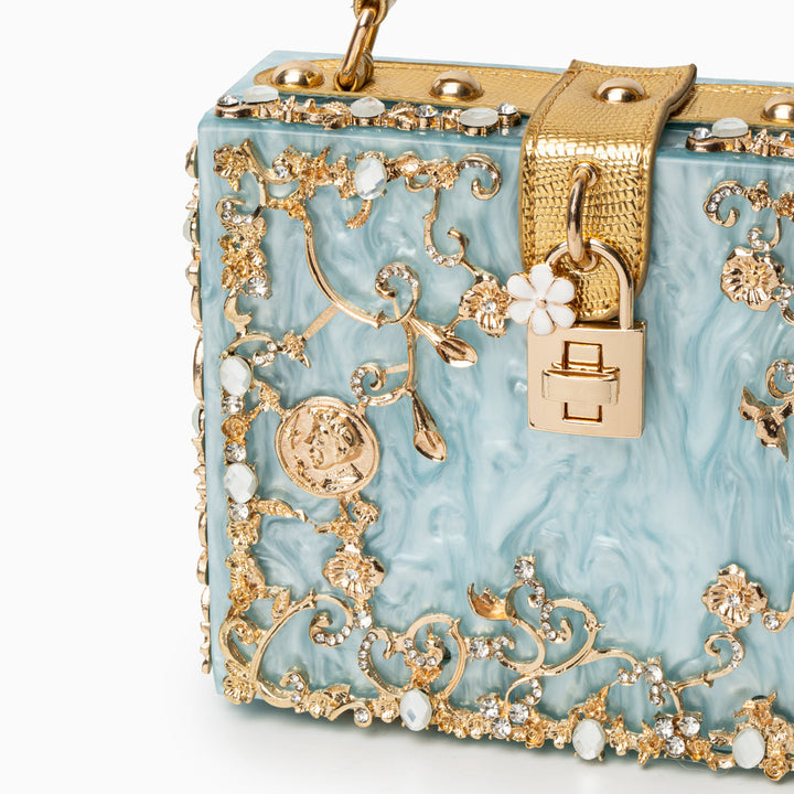 Cathy | Bolsa de caja exclusiva, diseño de lujo, detalles florales dorados, elegante cierre metálico