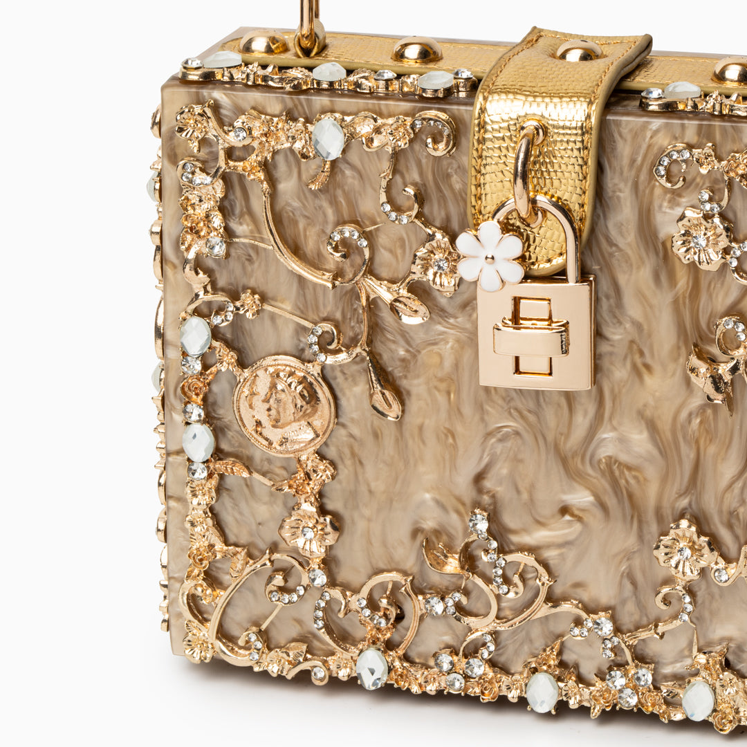 Cathy | Bolsa de caja exclusiva, diseño de lujo, detalles florales dorados, elegante cierre metálico