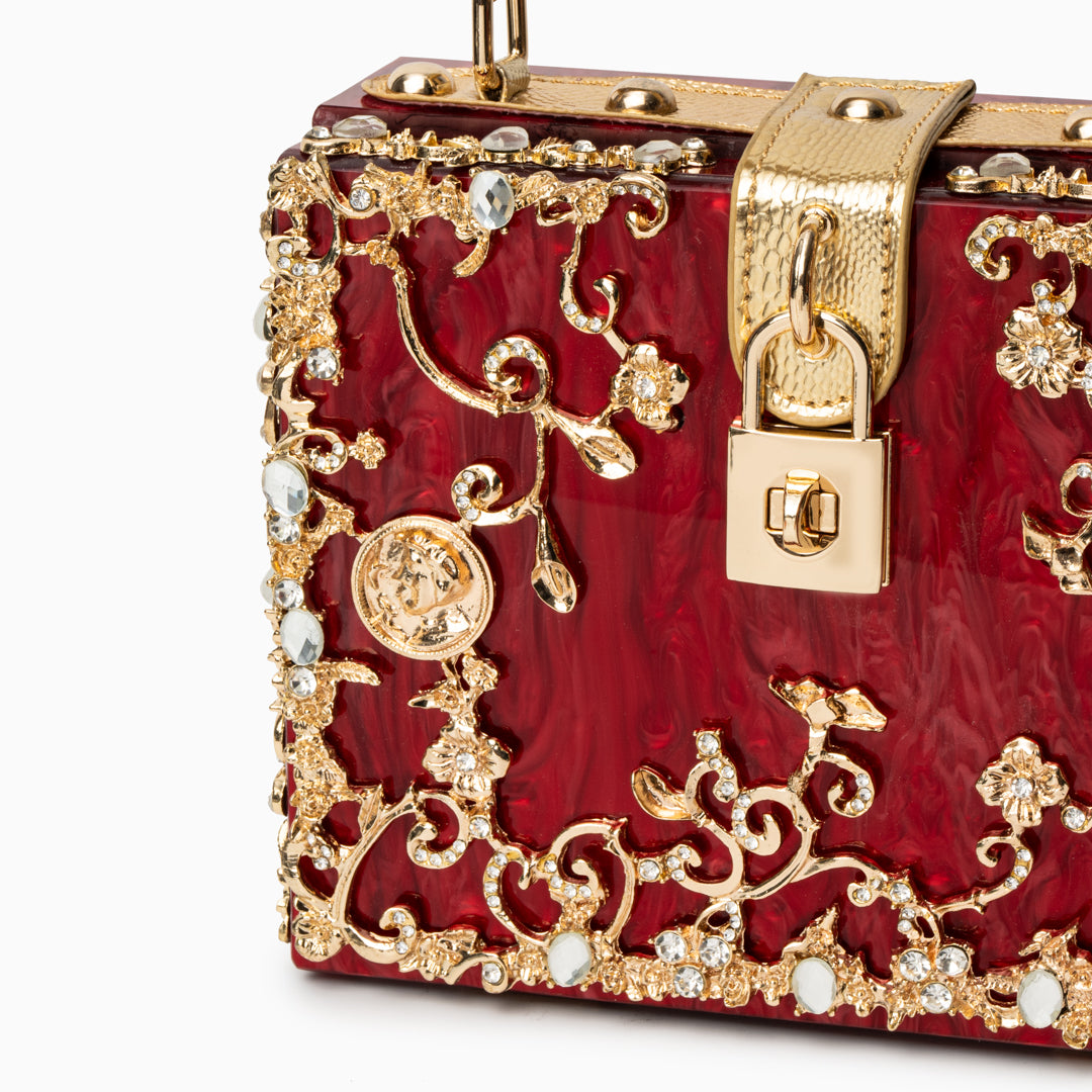 Cathy | Bolsa de caja exclusiva, diseño de lujo, detalles florales dorados, elegante cierre metálico