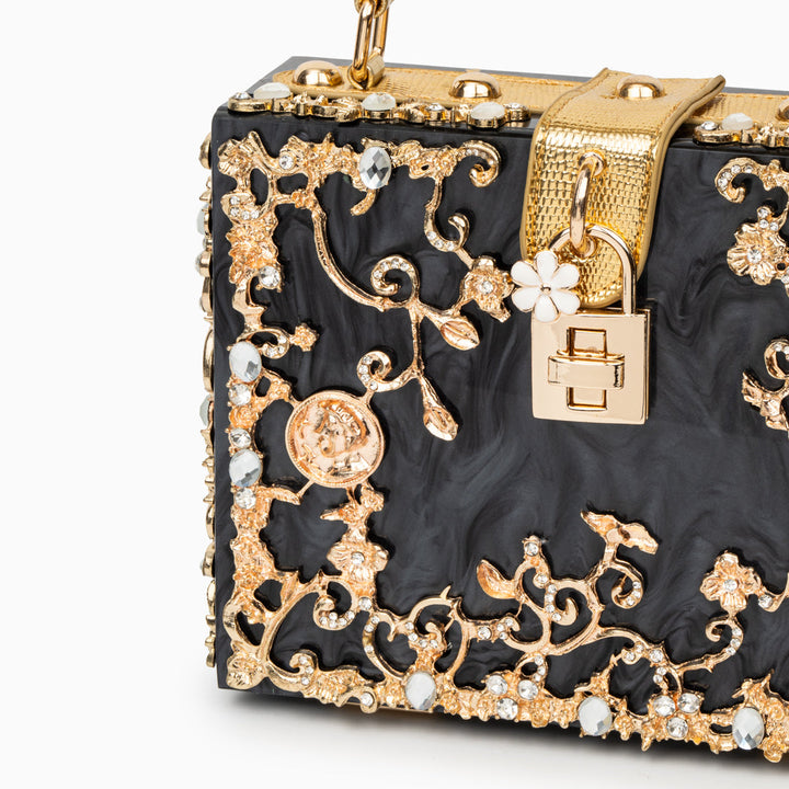 Cathy | Bolsa de caja exclusiva, diseño de lujo, detalles florales dorados, elegante cierre metálico