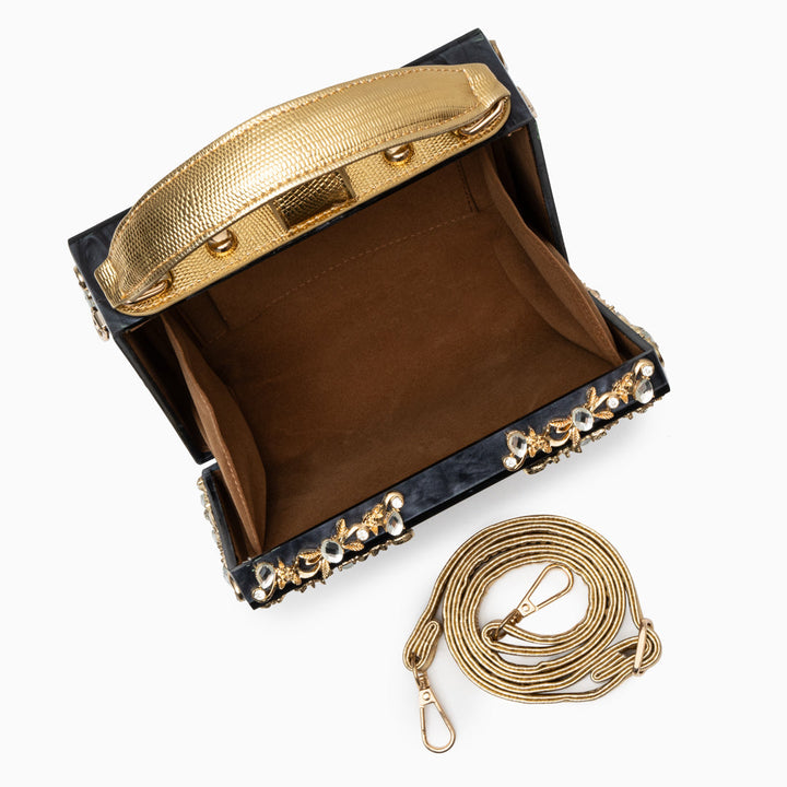 Cathy | Bolsa de caja exclusiva, diseño de lujo, detalles florales dorados, elegante cierre metálico