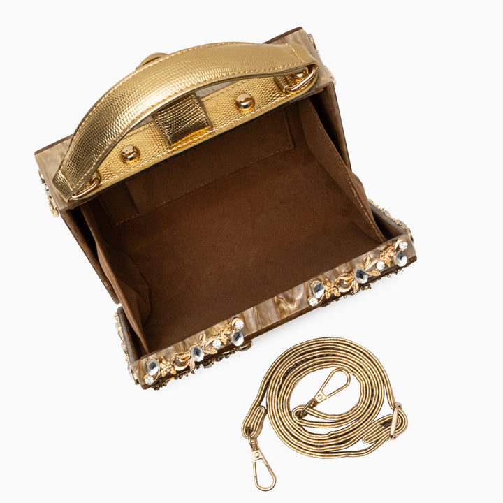 Cathy | Bolsa de caja exclusiva, diseño de lujo, detalles florales dorados, elegante cierre metálico