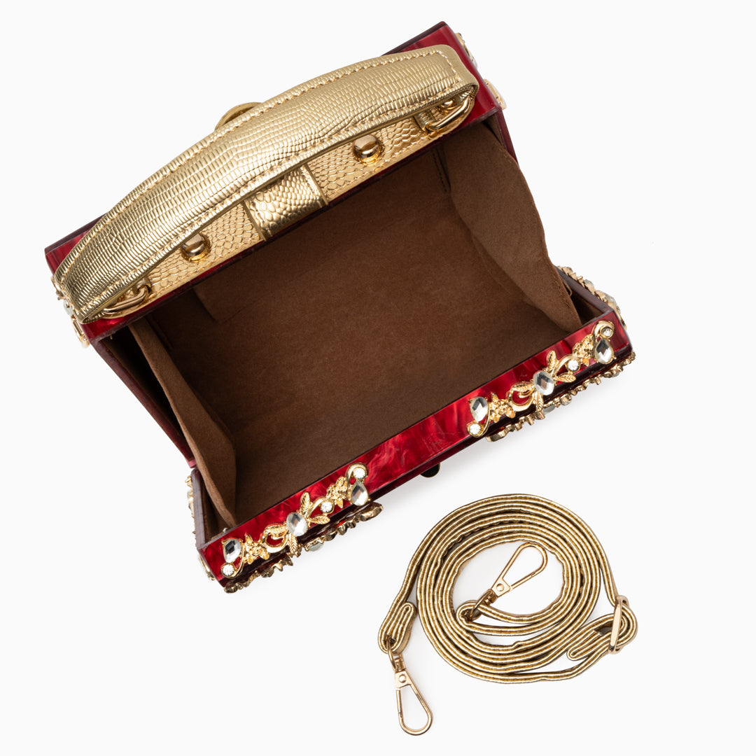 Cathy | Bolsa de caja exclusiva, diseño de lujo, detalles florales dorados, elegante cierre metálico