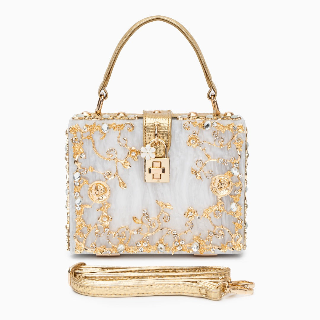 Cathy | Bolsa de caja exclusiva, diseño de lujo, detalles florales dorados, elegante cierre metálico