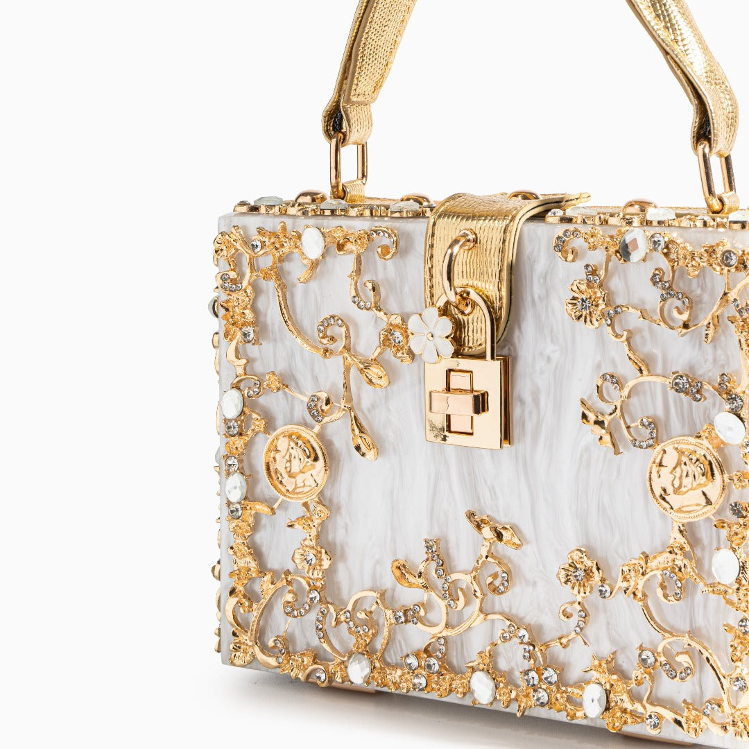 Cathy | Bolsa de caja exclusiva, diseño de lujo, detalles florales dorados, elegante cierre metálico
