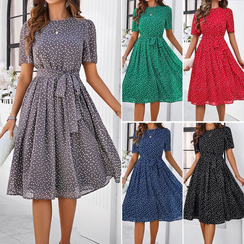 Ariella - Vestido midi de lunares con cinturón – vestido femenino de manga corta y falda acampanada