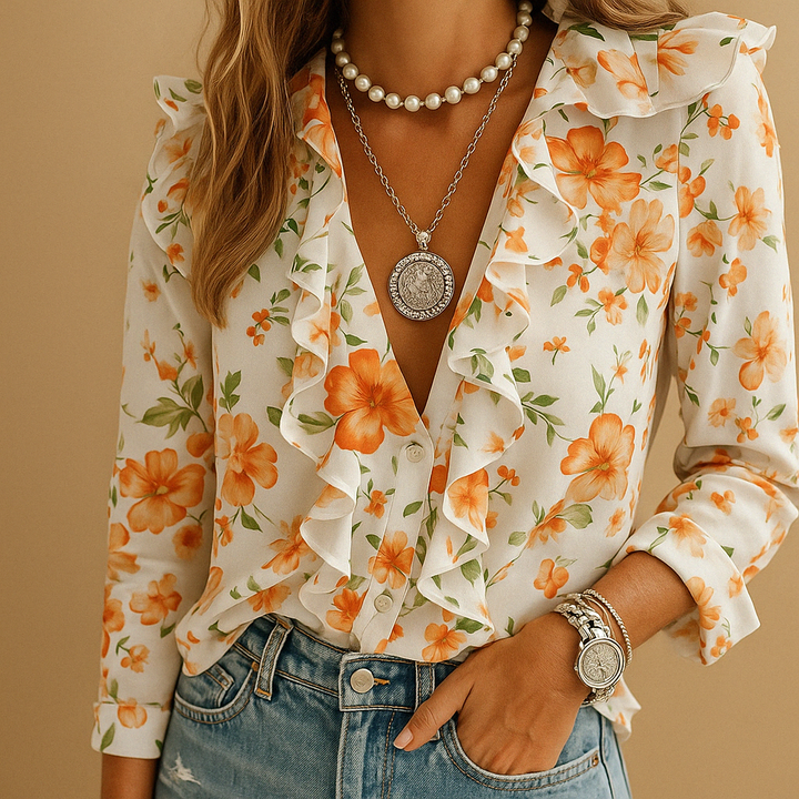 Elora | Blusa ligera para mujer con volantes y motivo de mariposas