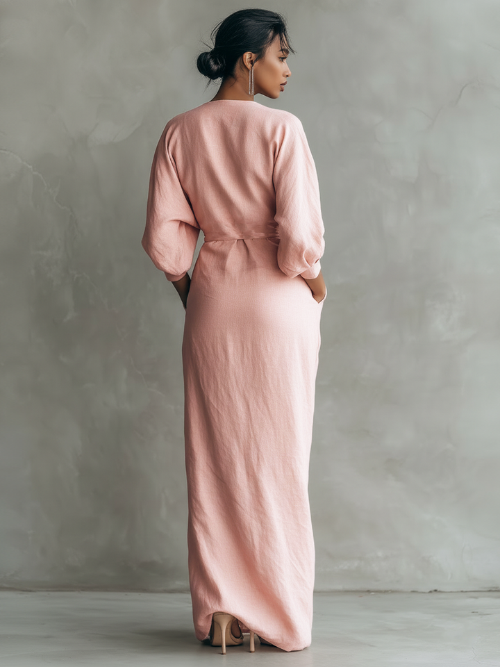 Rosamund | Vestido maxi femenino rosa minimalista de lino con escote
