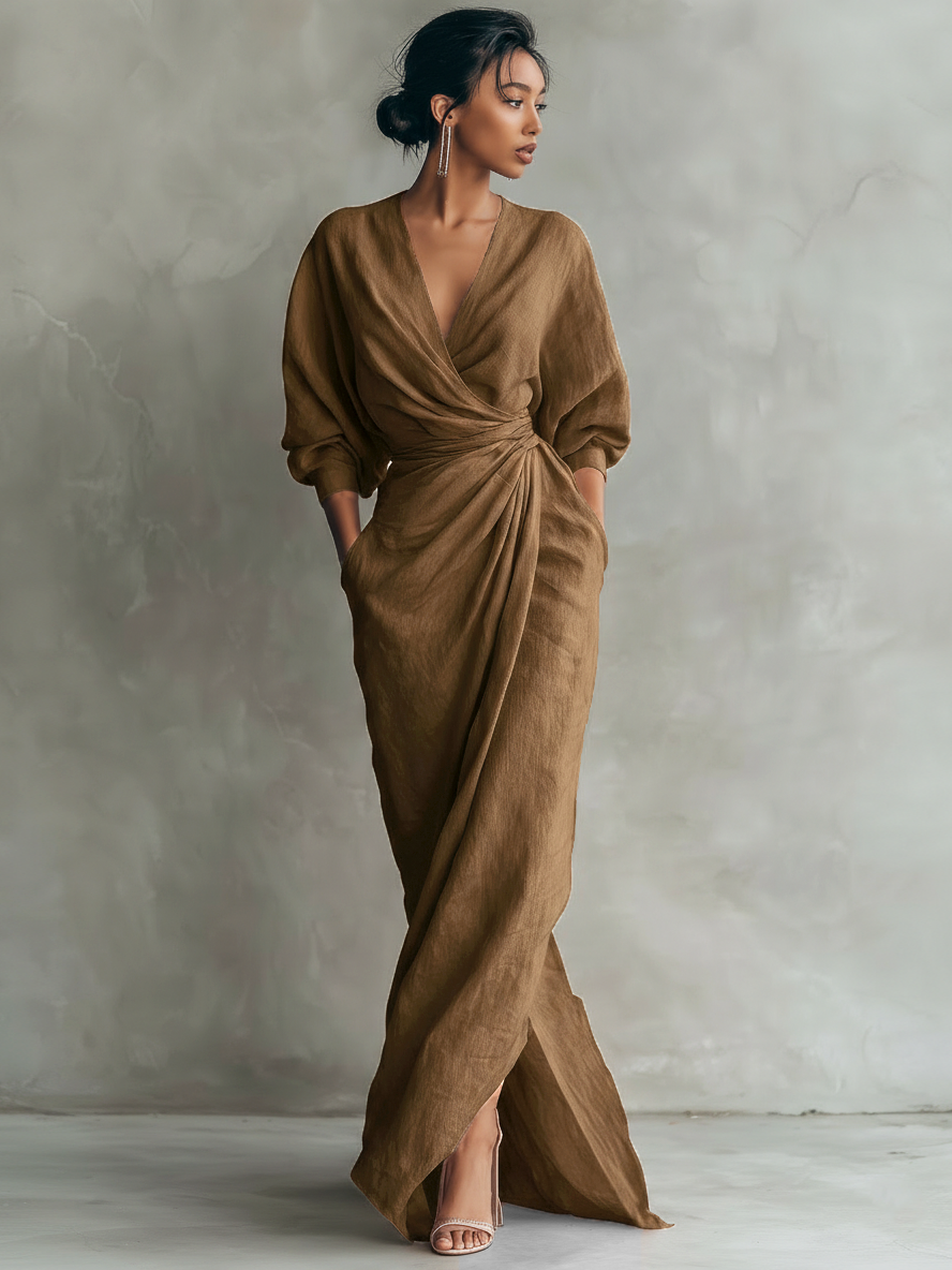 Rosamund | Vestido maxi femenino rosa minimalista de lino con escote