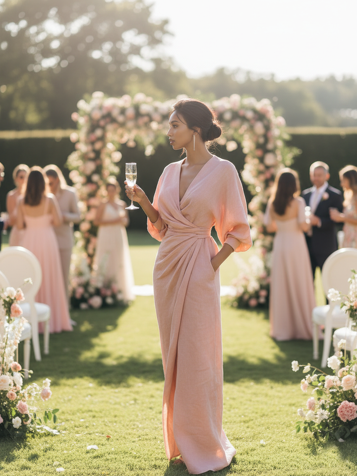Rosamund | Vestido maxi femenino rosa minimalista de lino con escote
