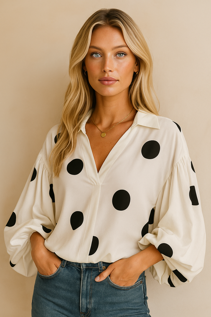 Carrie - Blusa elegante de estilo coreano con mangas abullonadas y gran estampado de lunares