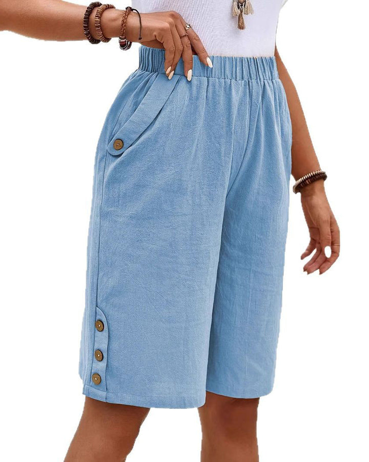 Dora | Pantalones cortos de mujer hasta la rodilla de algodón y lino con bolsillos, corte holgado