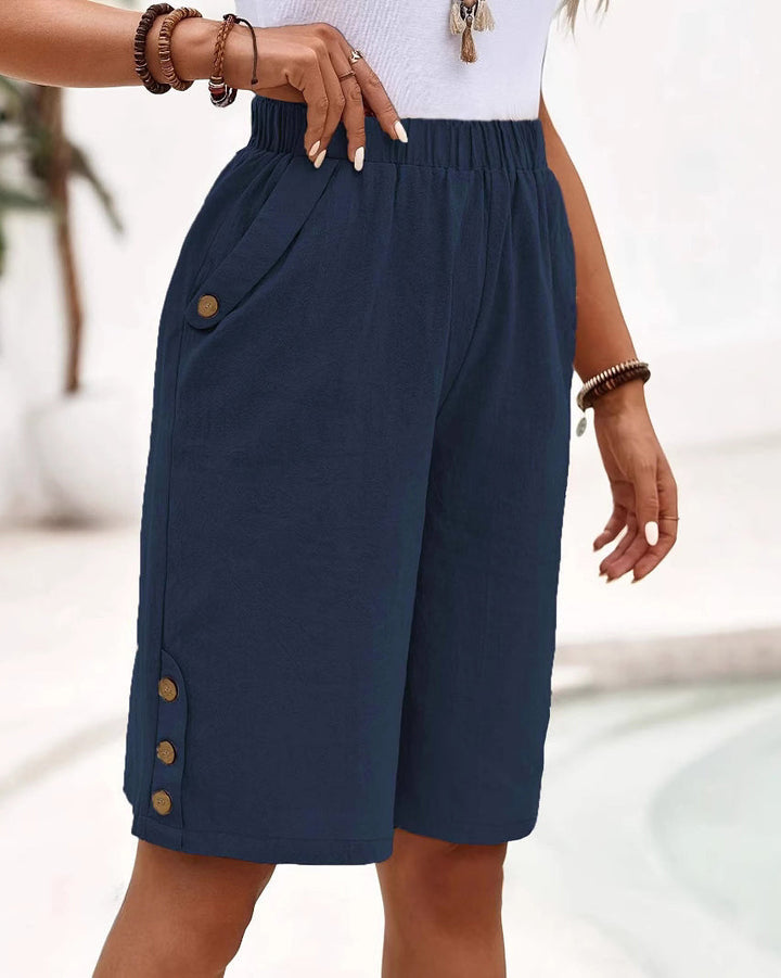 Dora | Pantalones cortos de mujer hasta la rodilla de algodón y lino con bolsillos, corte holgado