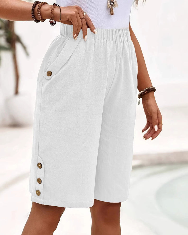 Dora | Pantalones cortos de mujer hasta la rodilla de algodón y lino con bolsillos, corte holgado