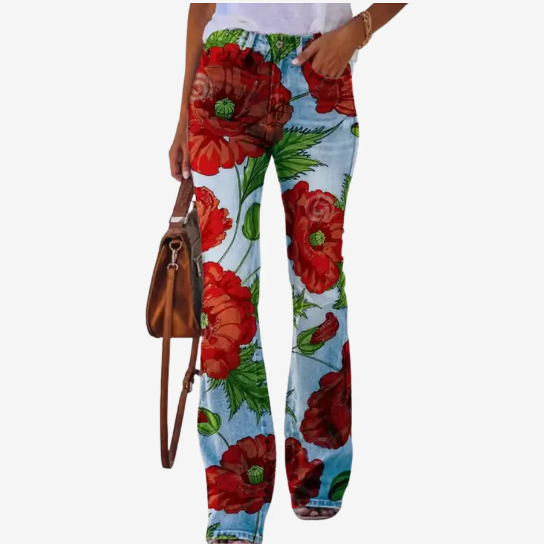 Oliwia - Pantalones de campana modernos con patrones florales y artísticos únicos