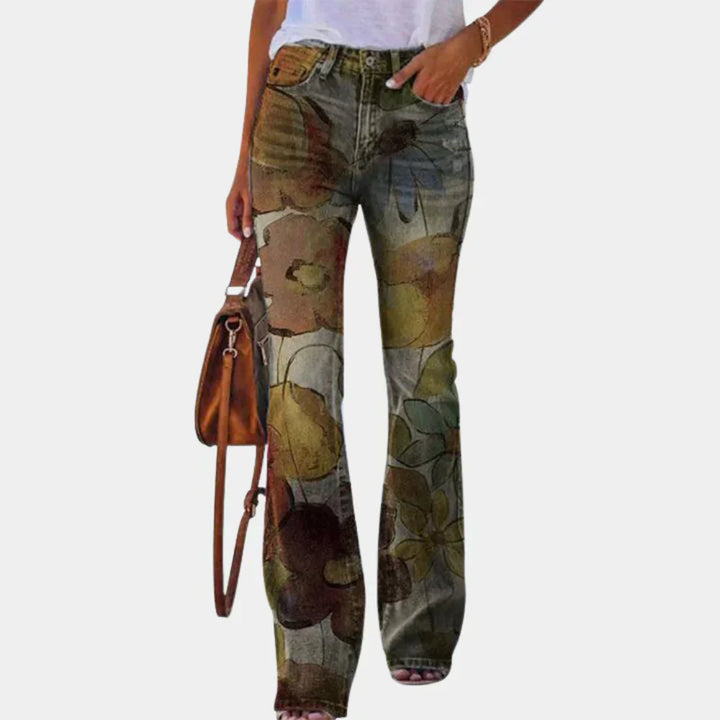 Oliwia - Pantalones de campana modernos con patrones florales y artísticos únicos
