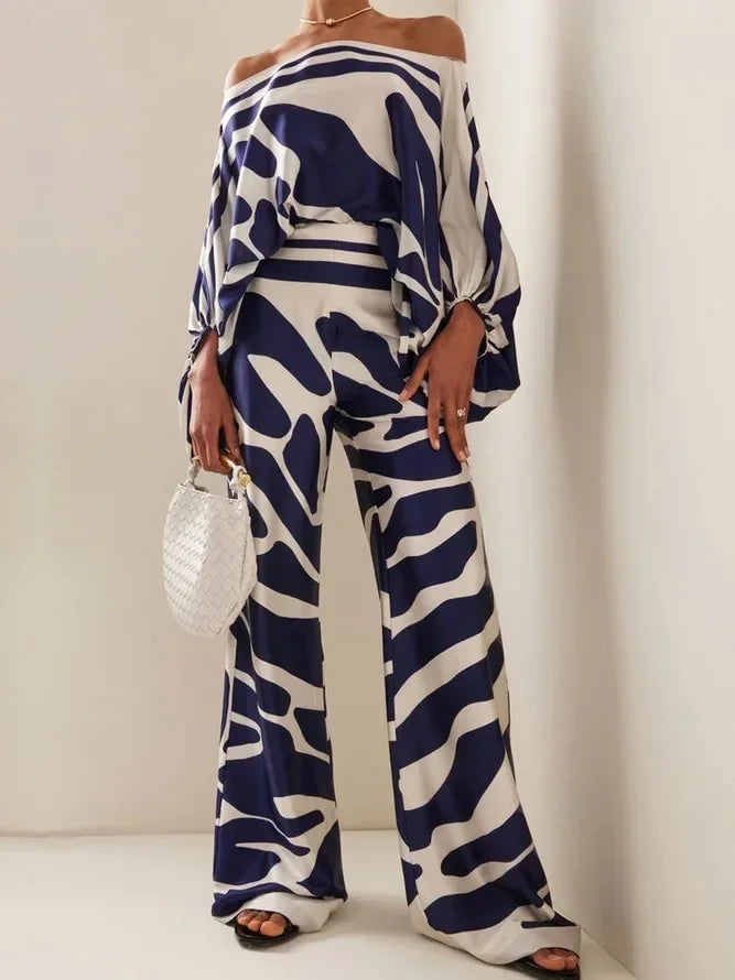 Elowen - Conjunto de satén elegante con top asimétrico y pantalones anchos
