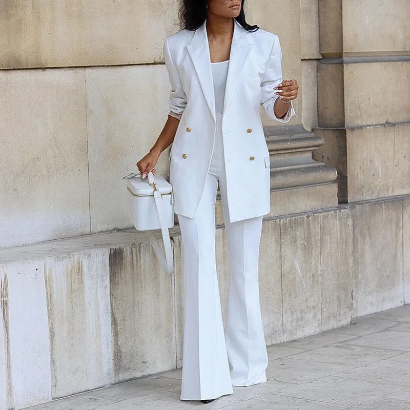 Bogna - Traje elegante de mujer con chaqueta larga y pantalones de pierna ancha