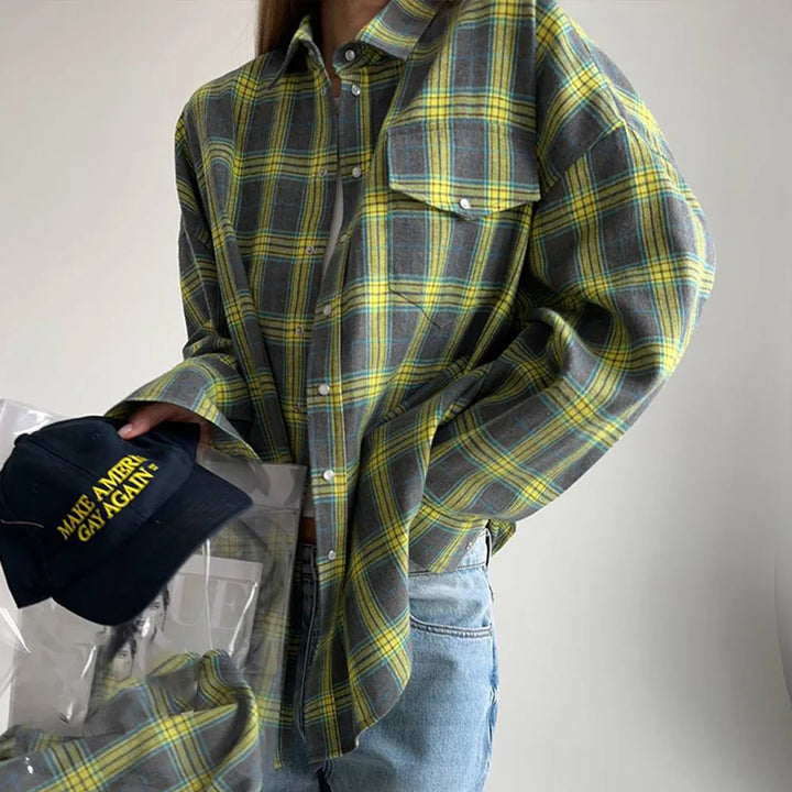 Veloria - Camisa de mujer a cuadros de corte holgado – abotonada, oversize