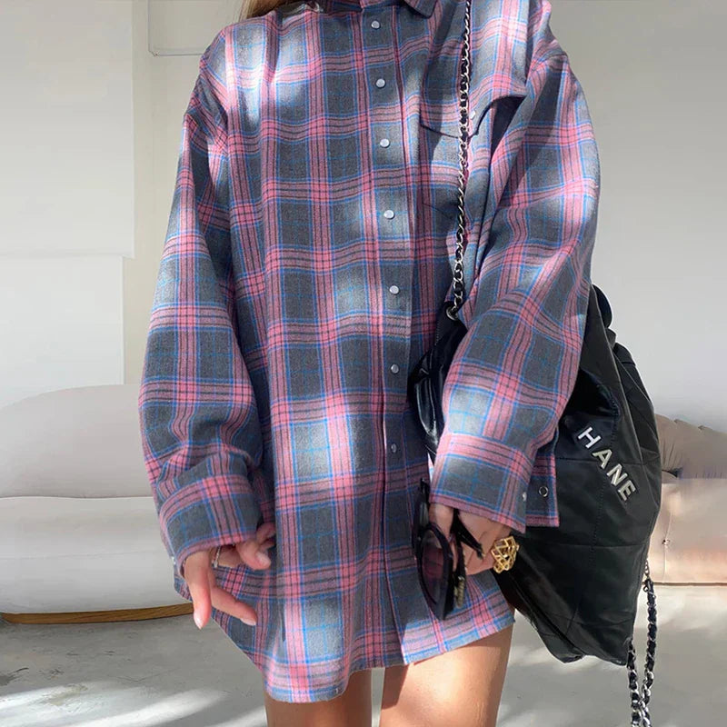 Veloria - Camisa de mujer a cuadros de corte holgado – abotonada, oversize