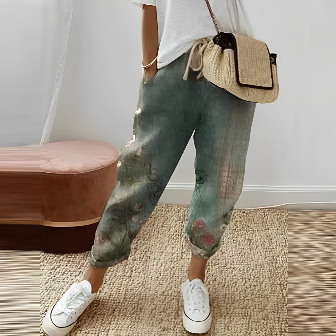 Noemi - Pantalones de mujer Boho con estampado de hojas