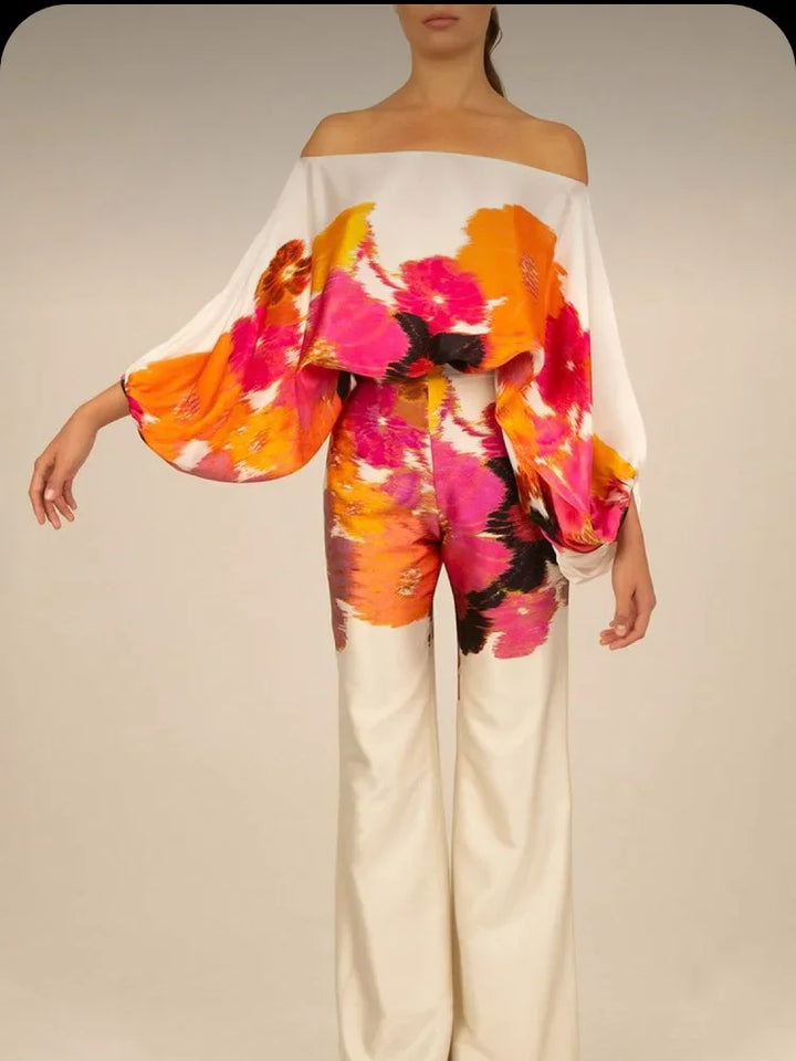 Elowen - Conjunto de satén elegante con top asimétrico y pantalones anchos