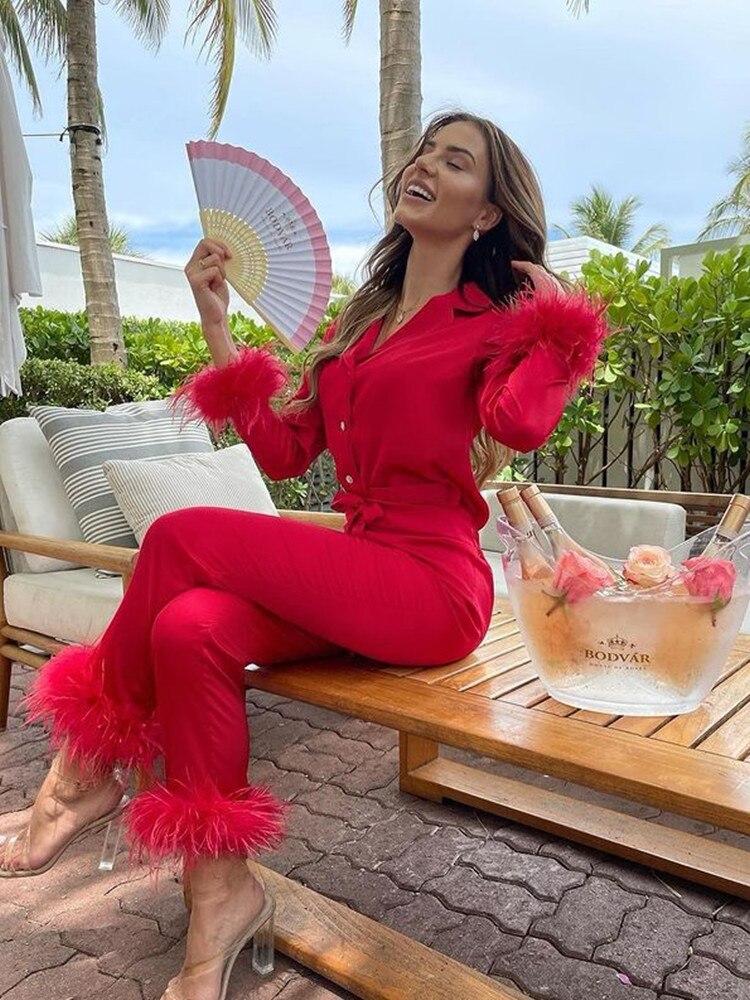 Adrianna - Conjunto elegante de dos piezas con plumas - para mujeres